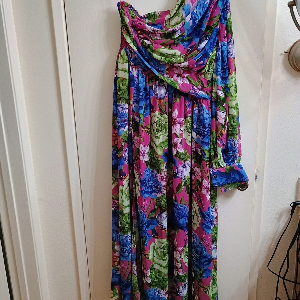Off-Shoulder Floral Maxi Dress in Pink, Blue & Green